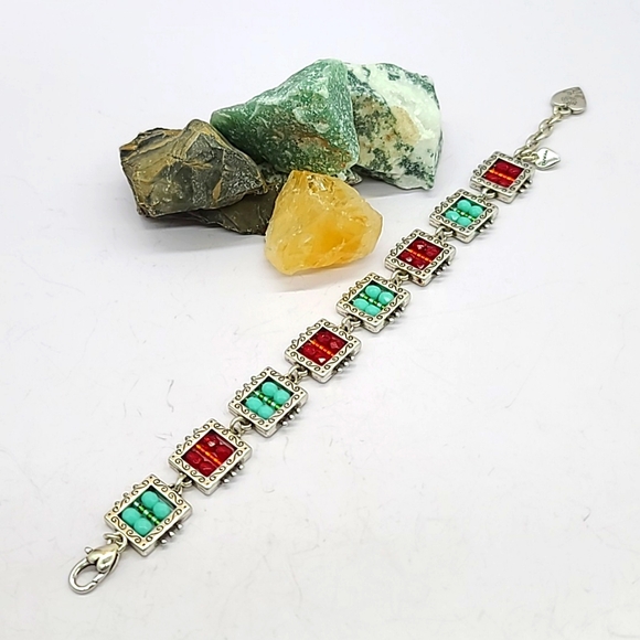 Brighton "BEDAZZLED" Red & Turquoise Crystal Beads & Heart Charm Link Bracelet! - Picture 7 of 10